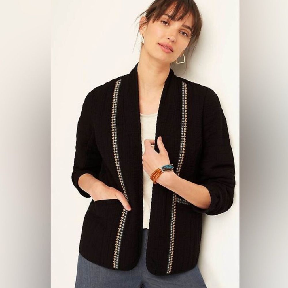 J.Jill Black Cotton Blend Stripe Quilted Jacket S Minimalist Chic Cottage Boho